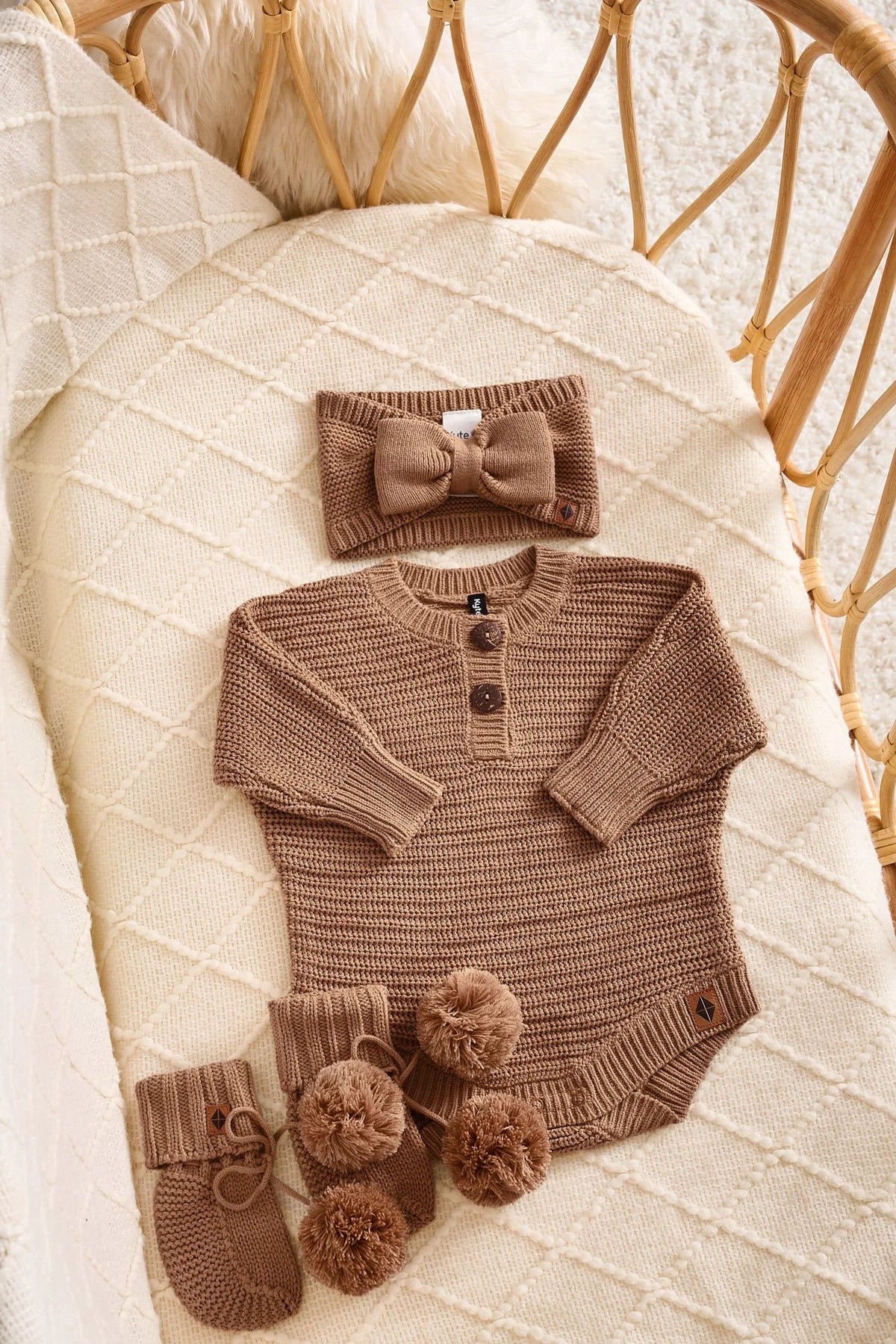 Chunky Knit Romper Set with Bow & Booties in Latte Main image
