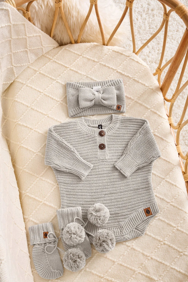 Chunky Knit Romper Set with Bow & Booties in Oat