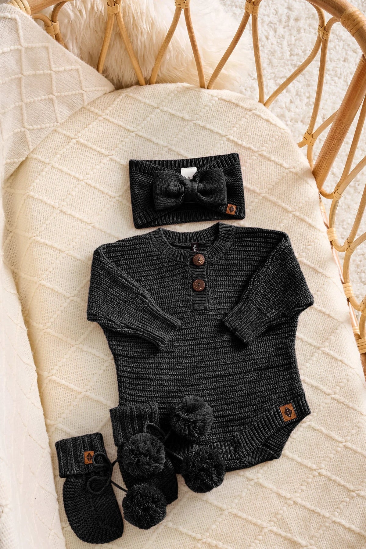 Chunky Knit Romper Set with Bow & Booties in Midnight Main image