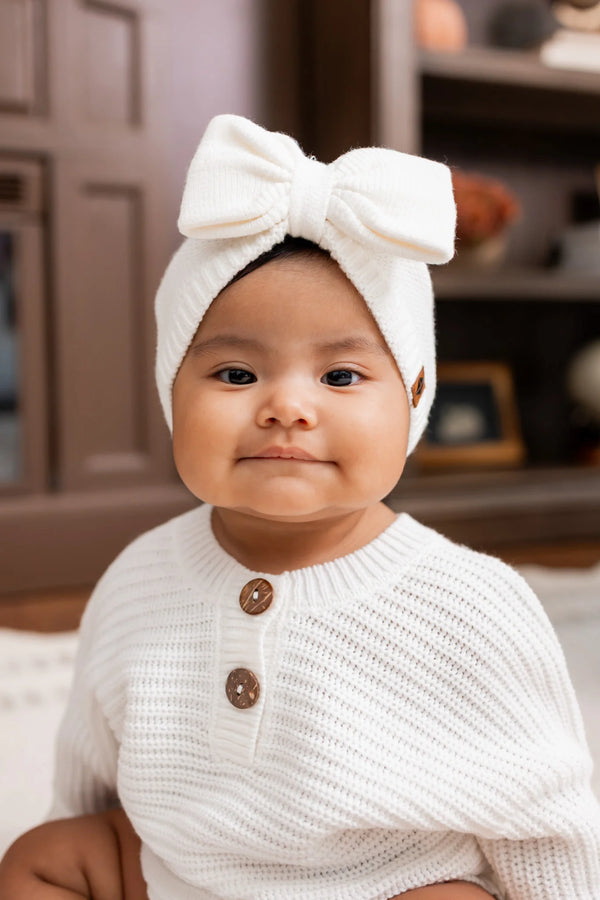 Chunky Knit Romper Set with Bow & Booties in Cloud