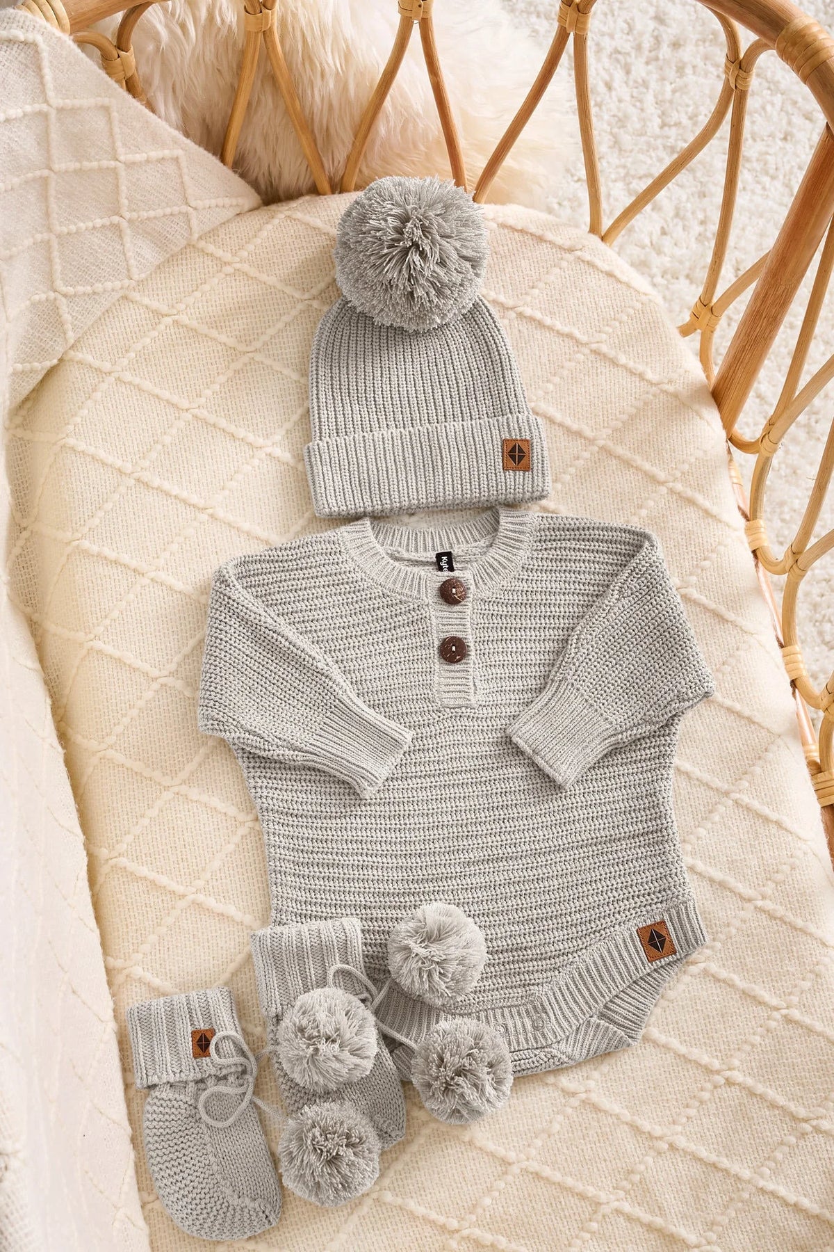 Chunky Knit Romper Set with Beanie & Booties in Oat Main image