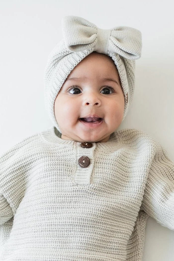 Chunky Knit Romper Set with Bow & Booties in Oat