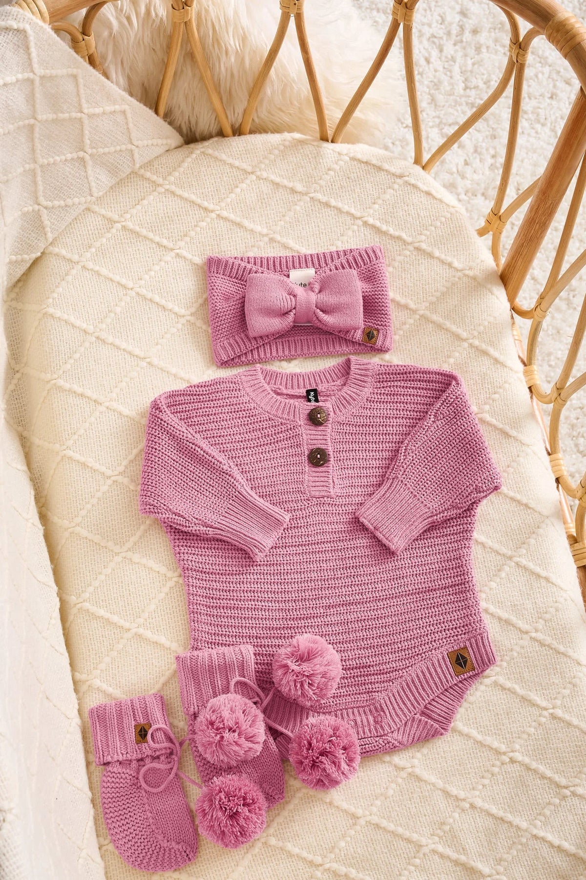 Chunky Knit Romper Set with Bow & Booties in Apple Blossom Main image