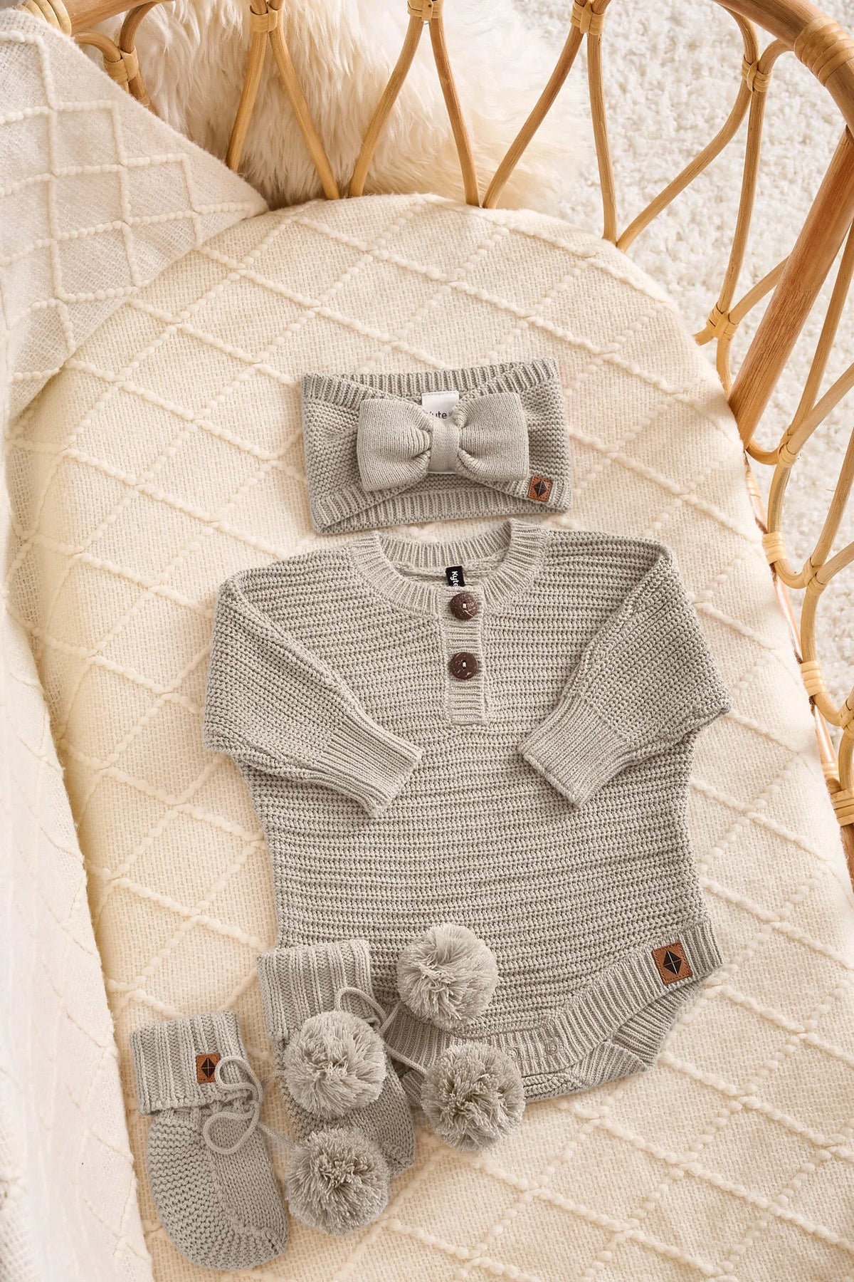 Chunky Knit Romper Set with Bow & Booties in Almond Main image