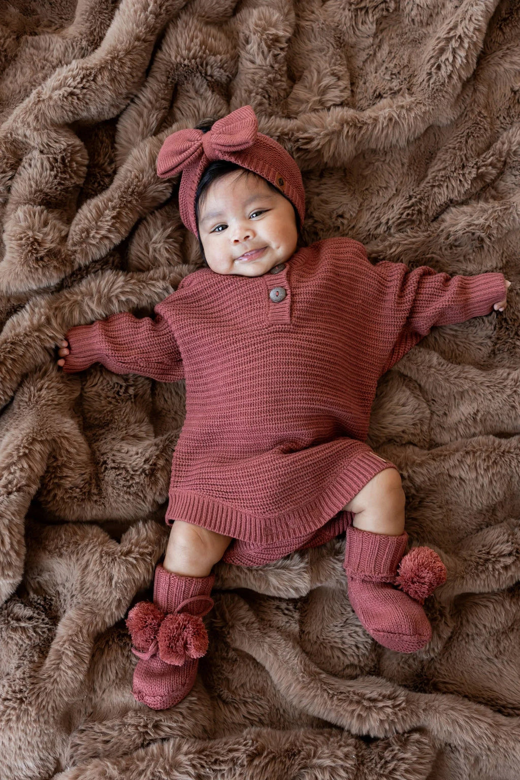 Chunky Knit Romper Set with Bow & Booties in Ember