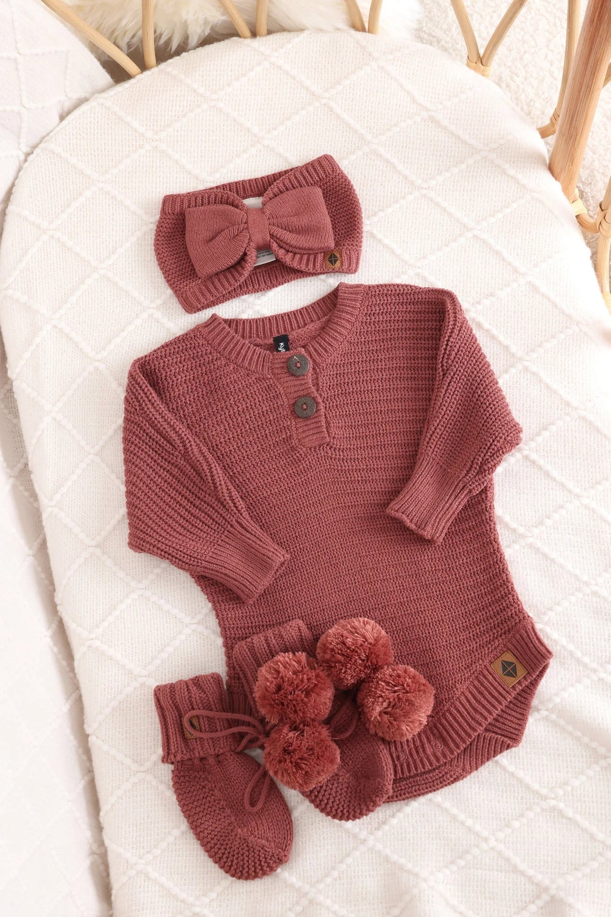 Chunky Knit Romper Set with Bow & Booties in Ember Main image