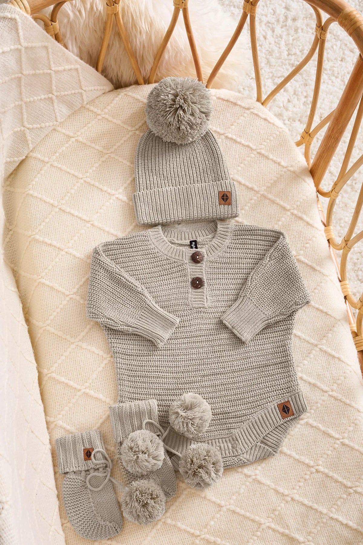 Chunky Knit Romper Set with Beanie & Booties in Almond Main image