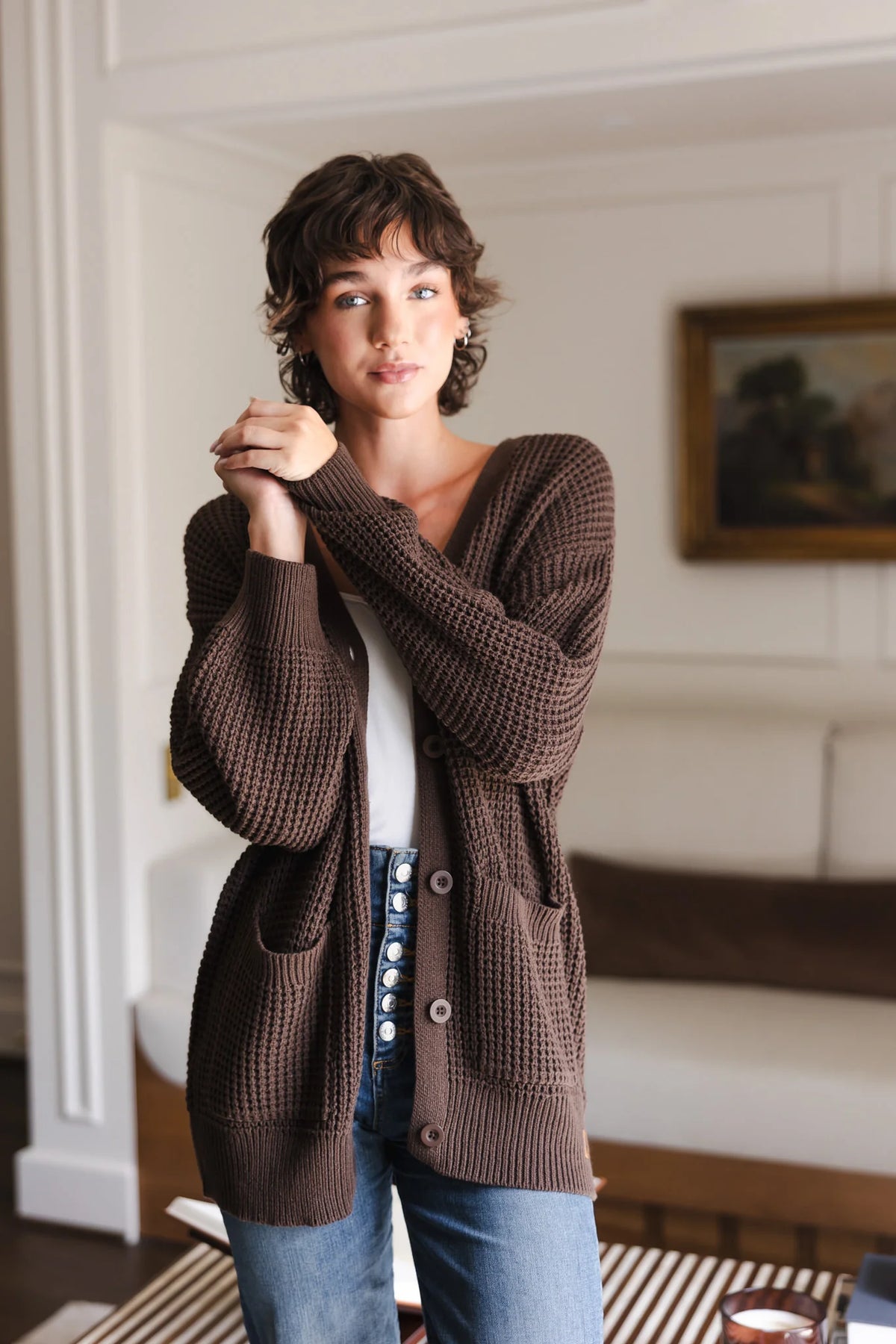 Chunky Knit Women's Waffle Cardigan