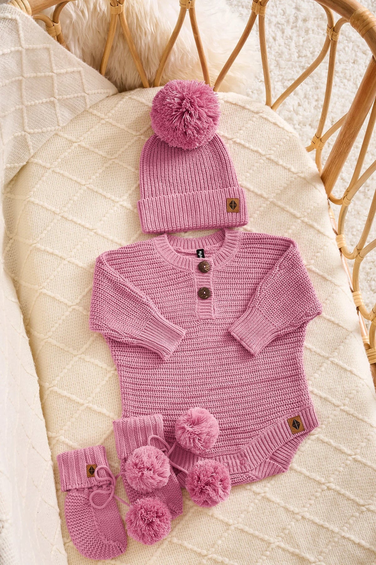 Chunky Knit Romper Set with Beanie & Booties in Apple Blossom Main image